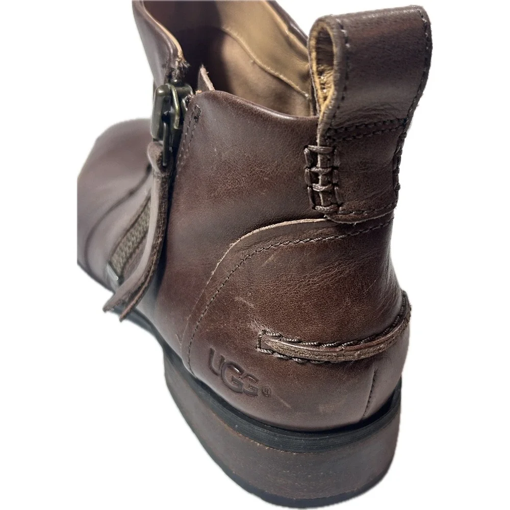 UGG Aureo 1098314 Women's 10 Brown Leather Side Zip Ankle Boots Booties
